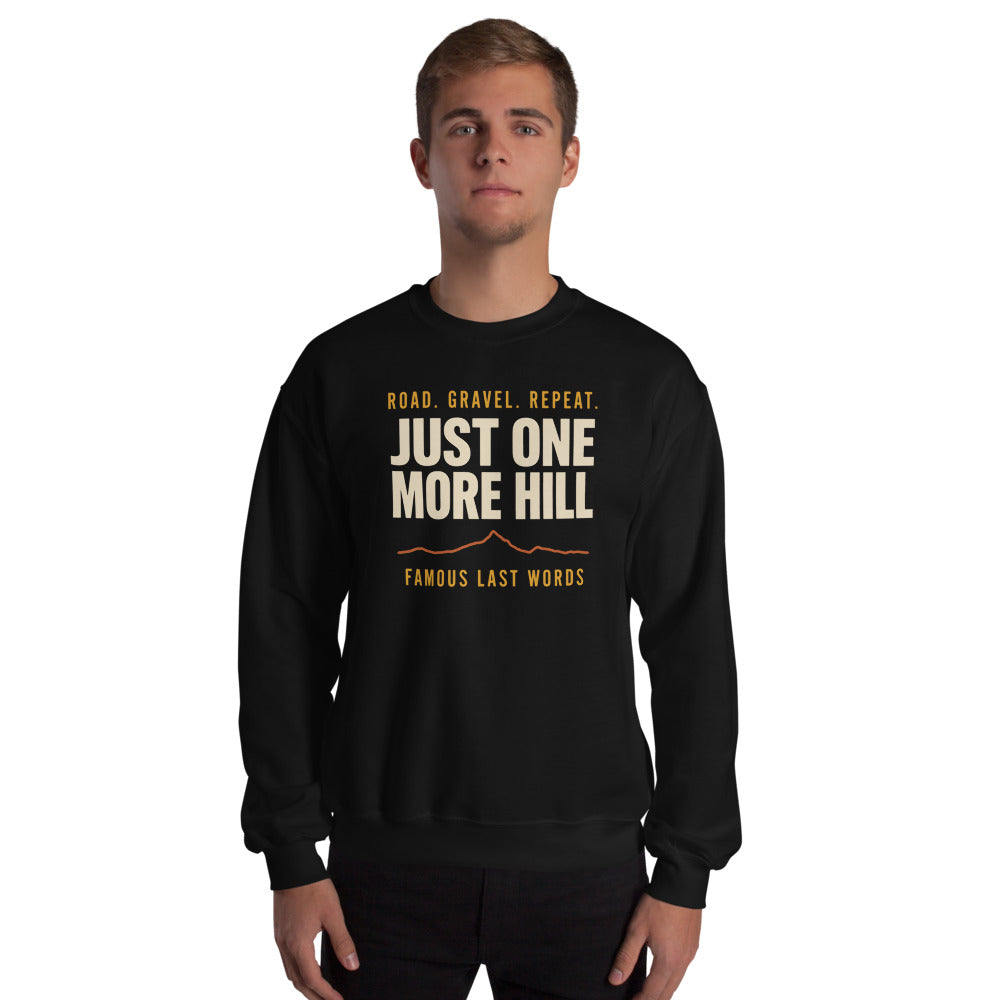 Just One More Hill retro cycling climb crewneck — Black, on model