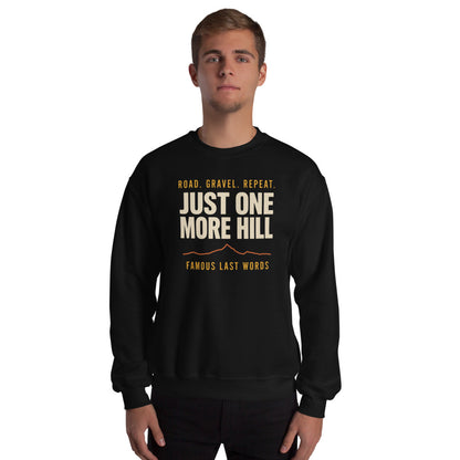 Just One More Hill retro cycling climb crewneck — Black, on model