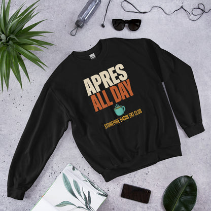 Après All Day Stonepine Basin Ski Club retro apres-ski crewneck sweatshirt — Black, flat lay