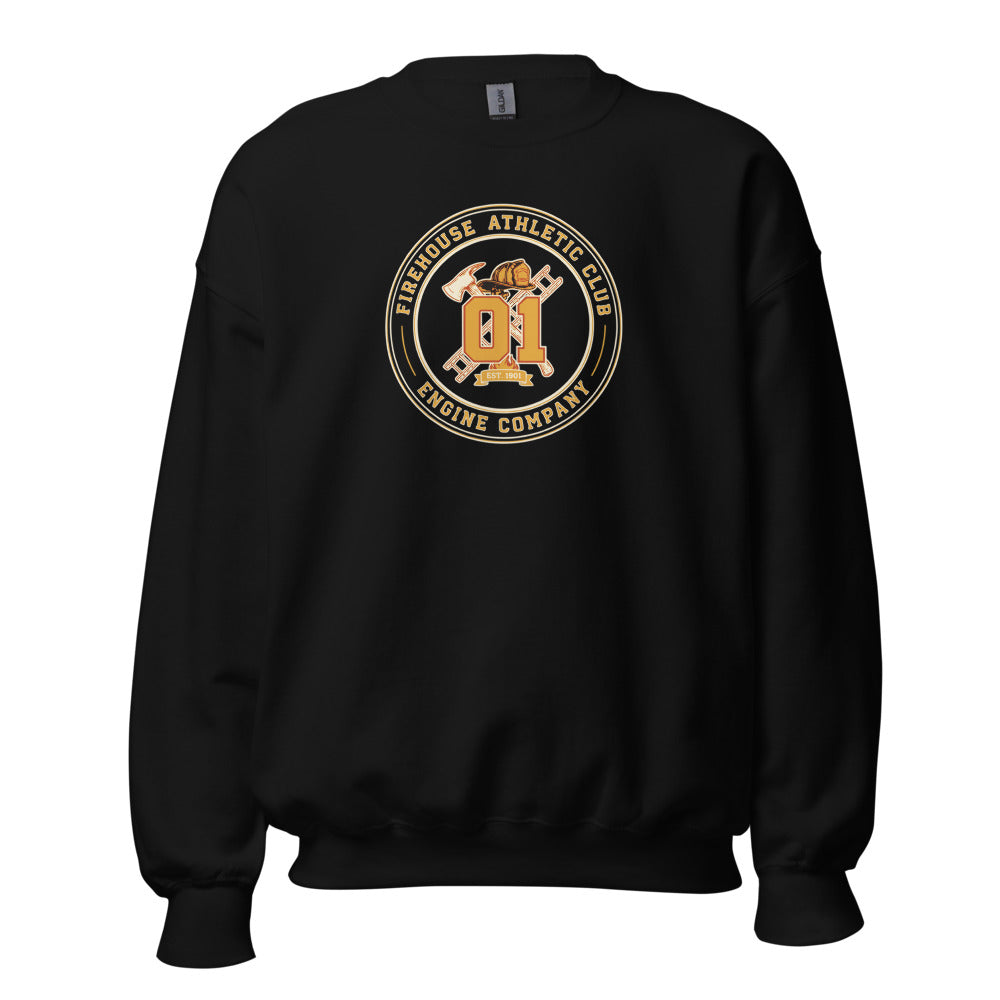 Firehouse Athletic Club retro firefighter emblem crewneck sweatshirt — Black, front
