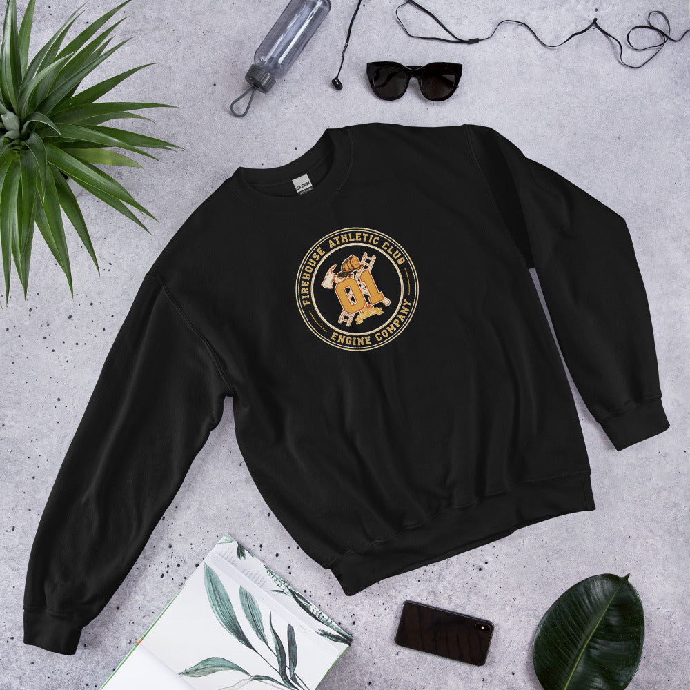 Firehouse Athletic Club retro firefighter emblem crewneck sweatshirt — Black, flat lay