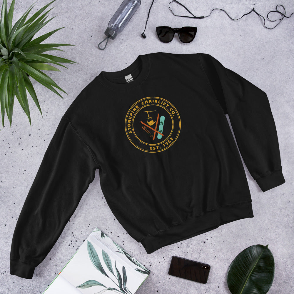Stonepine Chairlift Co. retro vintage ski club badge crewneck sweatshirt — Black, flat lay
