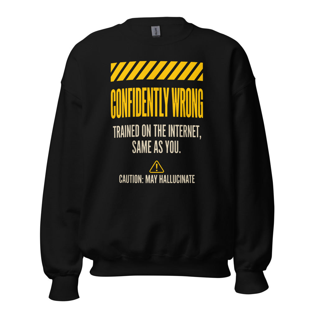 Confidently Wrong AI hazard-label crewneck sweatshirt — Black, front