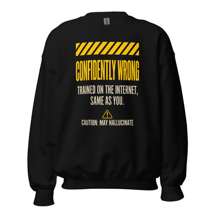 Confidently Wrong AI hazard-label crewneck sweatshirt — Black, front