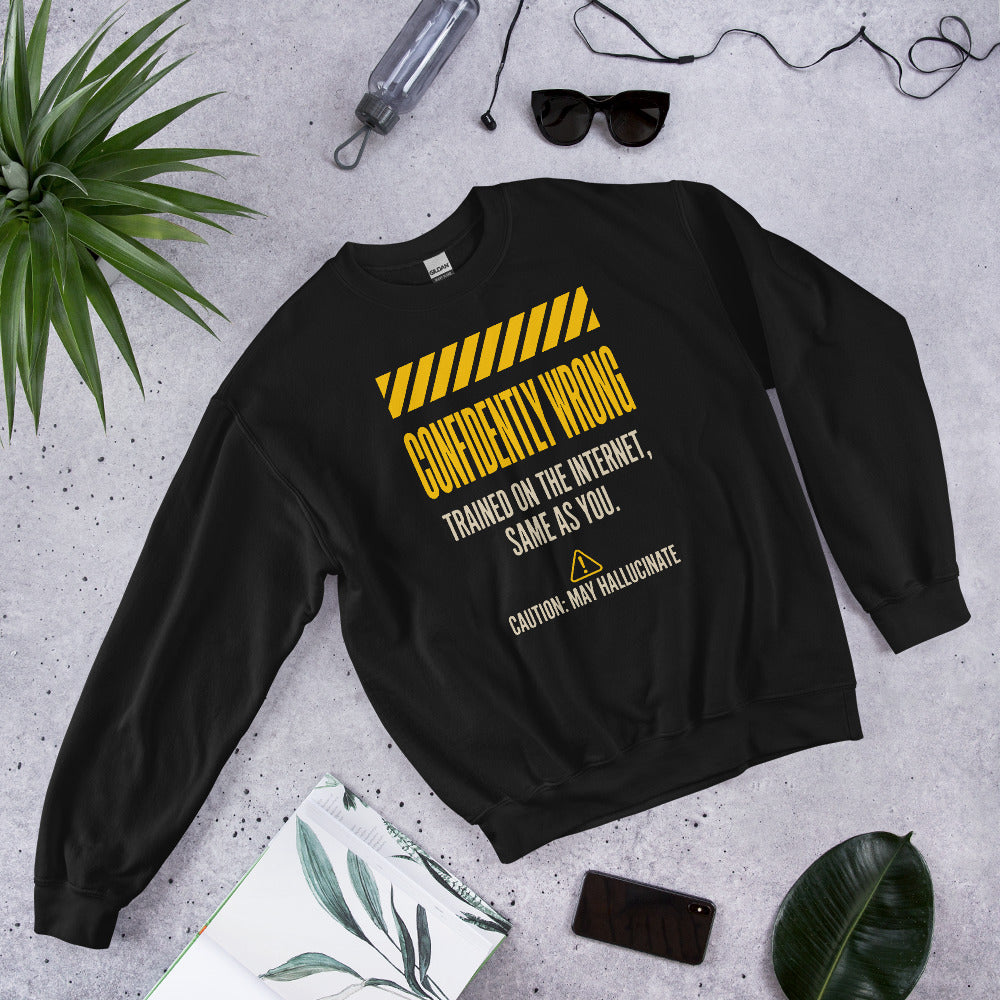 Confidently Wrong AI hazard-label crewneck sweatshirt — Black, flat lay