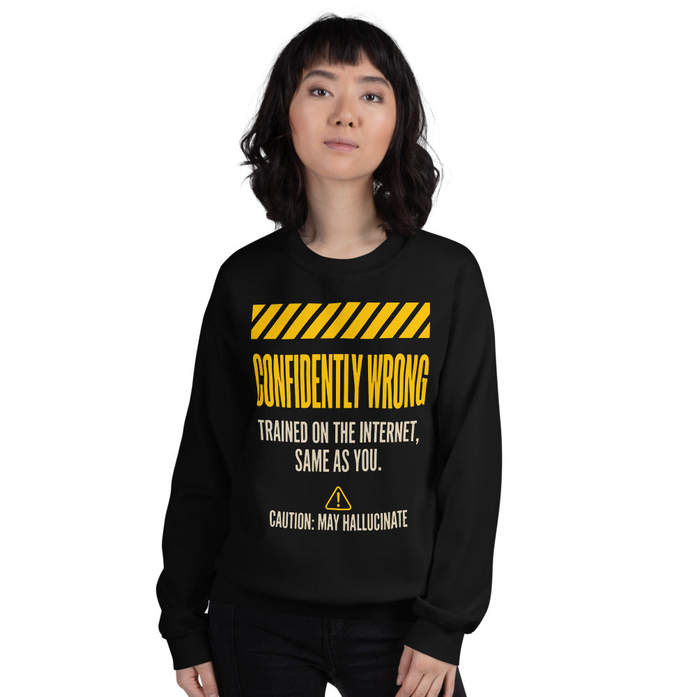Confidently Wrong AI hazard-label crewneck sweatshirt — Black, on model