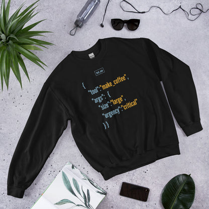 Tool Call Make Coffee AI engineer crewneck sweatshirt — Black, flat lay