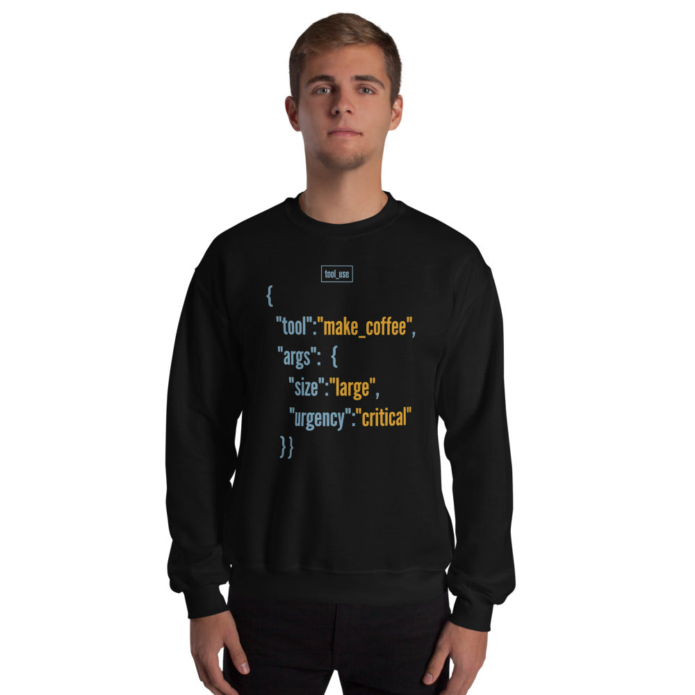 Tool Call Make Coffee AI engineer crewneck sweatshirt — Black, on model