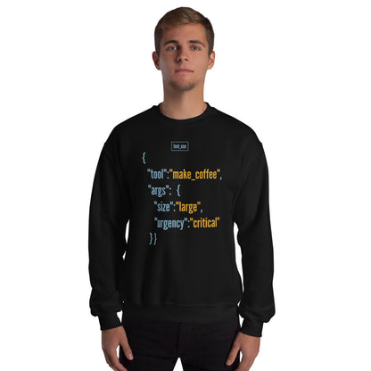 Tool Call Make Coffee AI engineer crewneck sweatshirt — Black, on model