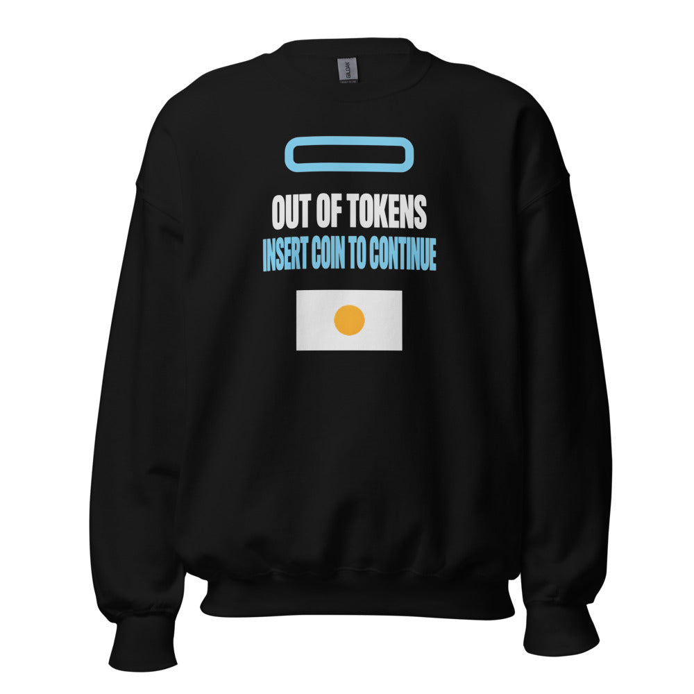 Insert Coin To Continue out of tokens crewneck sweatshirt — Black, front