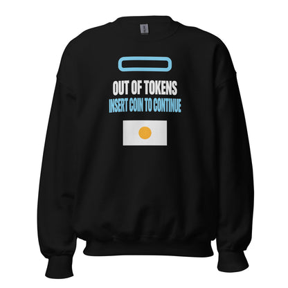 Insert Coin To Continue out of tokens crewneck sweatshirt — Black, front