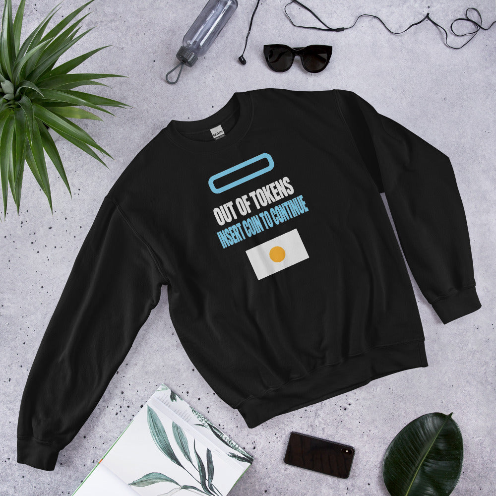 Insert Coin To Continue out of tokens crewneck sweatshirt — Black, flat lay