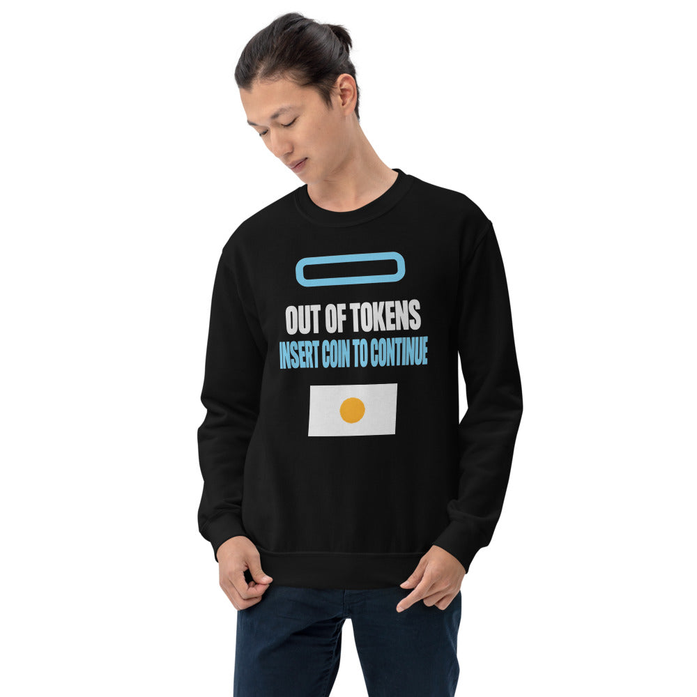 Insert Coin To Continue out of tokens crewneck sweatshirt — Black, on model