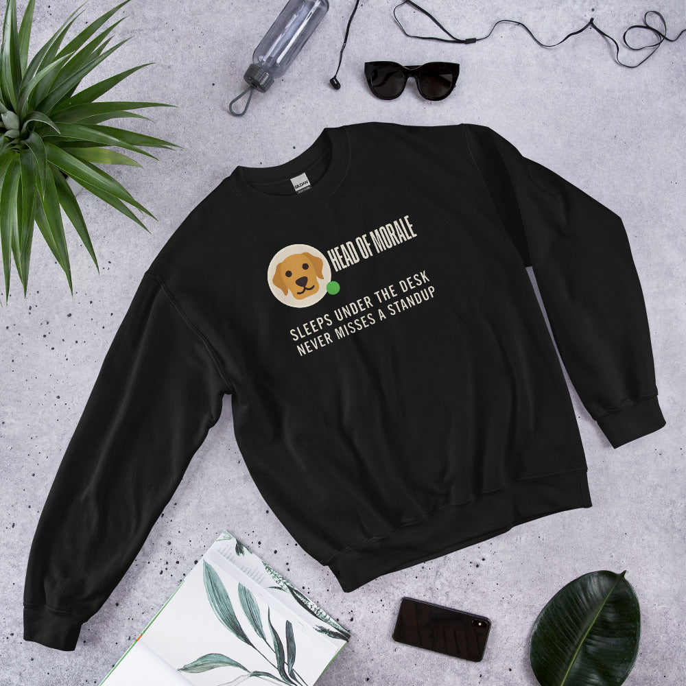 Head of Morale dog profile card crewneck sweatshirt — Black, flat lay