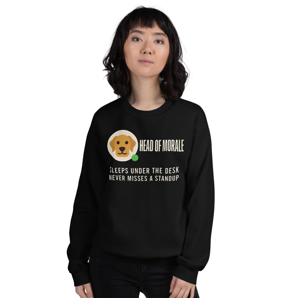 Head of Morale dog profile card crewneck sweatshirt — Black, on model
