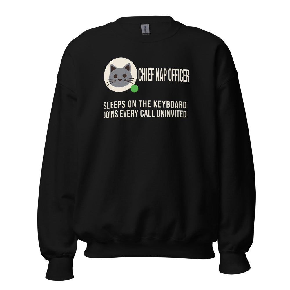 Chief Nap Officer cat profile card crewneck sweatshirt — Black, front