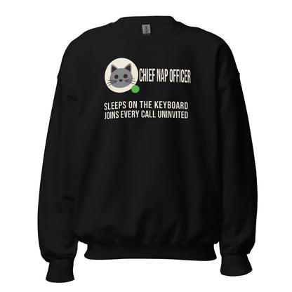 Chief Nap Officer cat profile card crewneck sweatshirt — Black, front