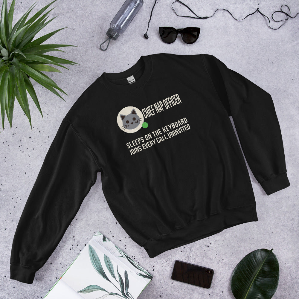 Chief Nap Officer cat profile card crewneck sweatshirt — Black, flat lay