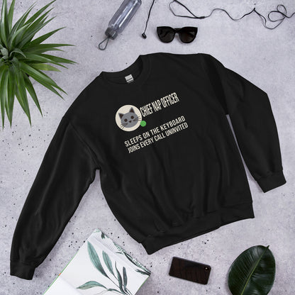 Chief Nap Officer cat profile card crewneck sweatshirt — Black, flat lay