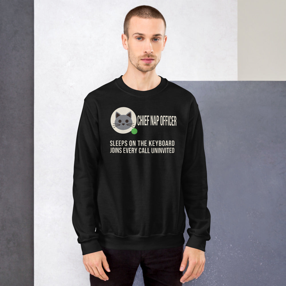 Chief Nap Officer cat profile card crewneck sweatshirt — Black, on model