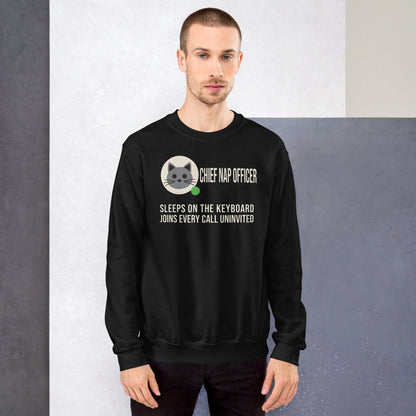 Chief Nap Officer cat profile card crewneck sweatshirt — Black, on model