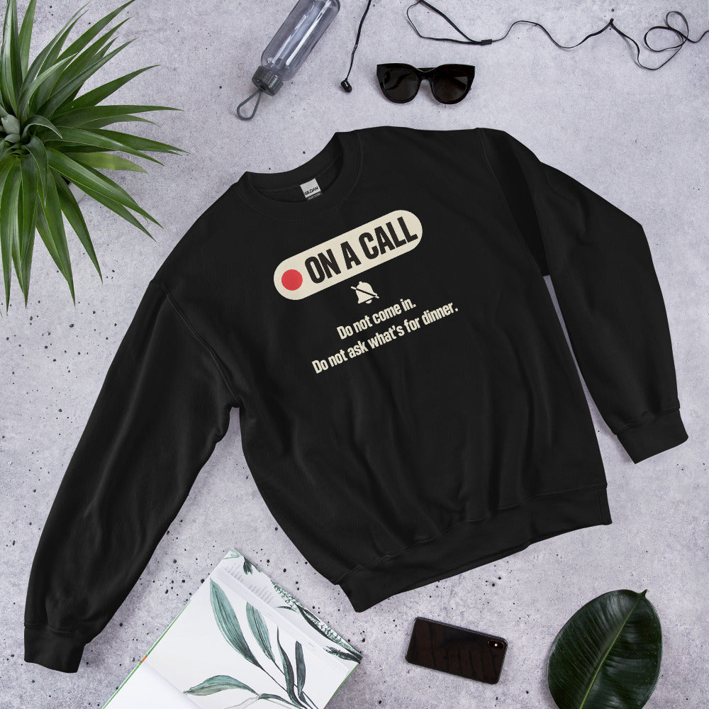 On A Call do not disturb status crewneck sweatshirt — Black, flat lay