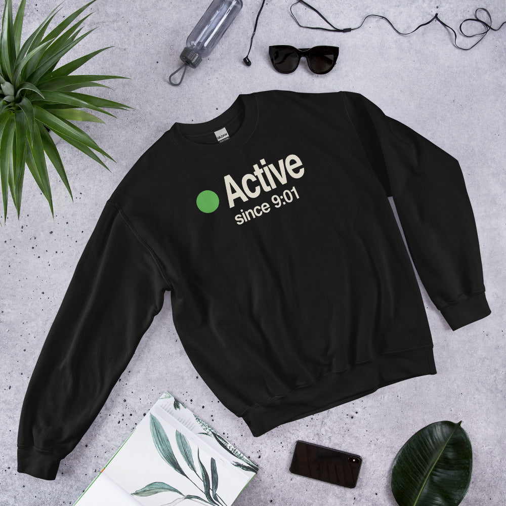 Active Since 9:01 presence status crewneck sweatshirt — Black, flat lay