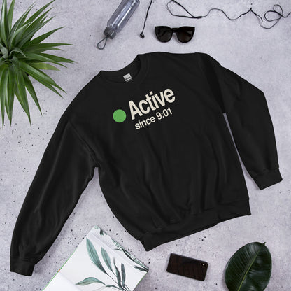 Active Since 9:01 presence status crewneck sweatshirt — Black, flat lay