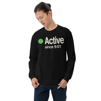 Active Since 9:01 presence status crewneck sweatshirt — Black, on model