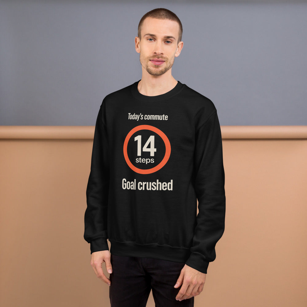 Today's Commute 14 Steps work from home crewneck sweatshirt — Black, on model