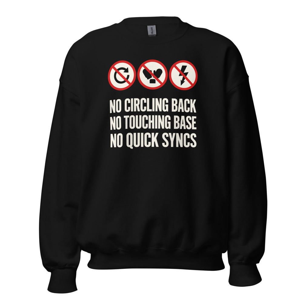 No Circling Back corporate jargon prohibition signs crewneck sweatshirt — Black, front