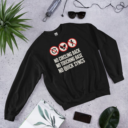 No Circling Back corporate jargon prohibition signs crewneck sweatshirt — Black, flat lay