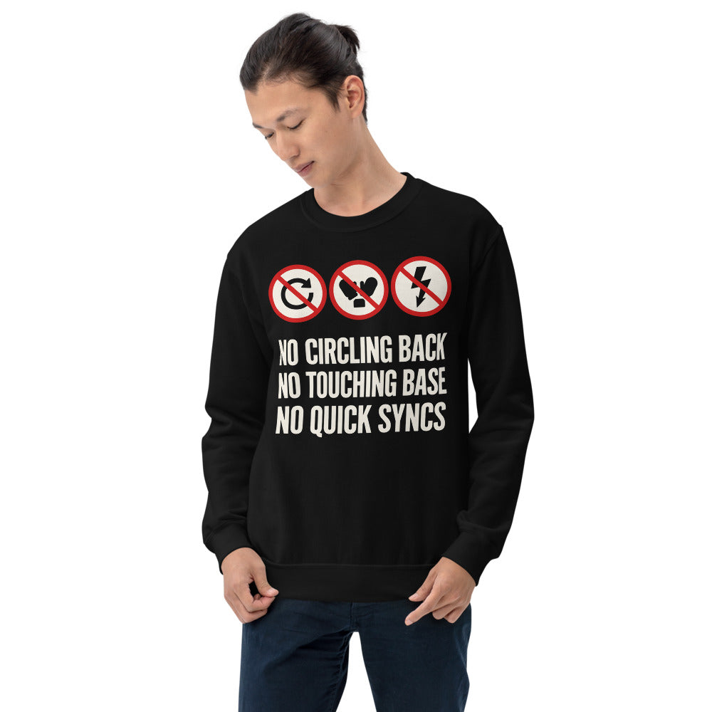 No Circling Back corporate jargon prohibition signs crewneck sweatshirt — Black, on model