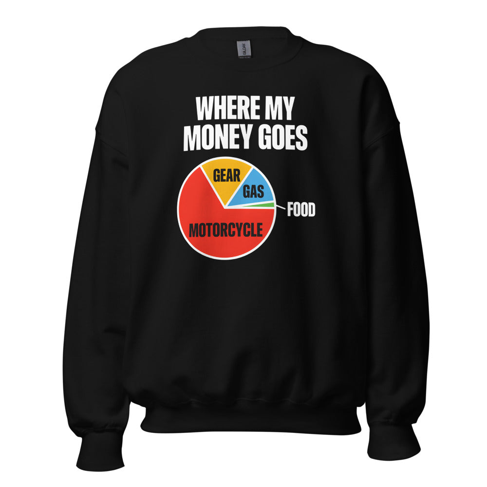 Where My Money Goes funny motorcycle crewneck sweatshirt — Black, front