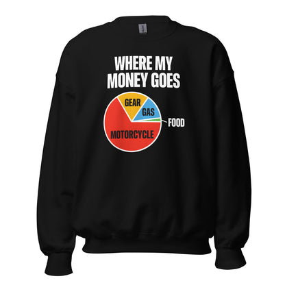 Where My Money Goes funny motorcycle crewneck sweatshirt — Black, front