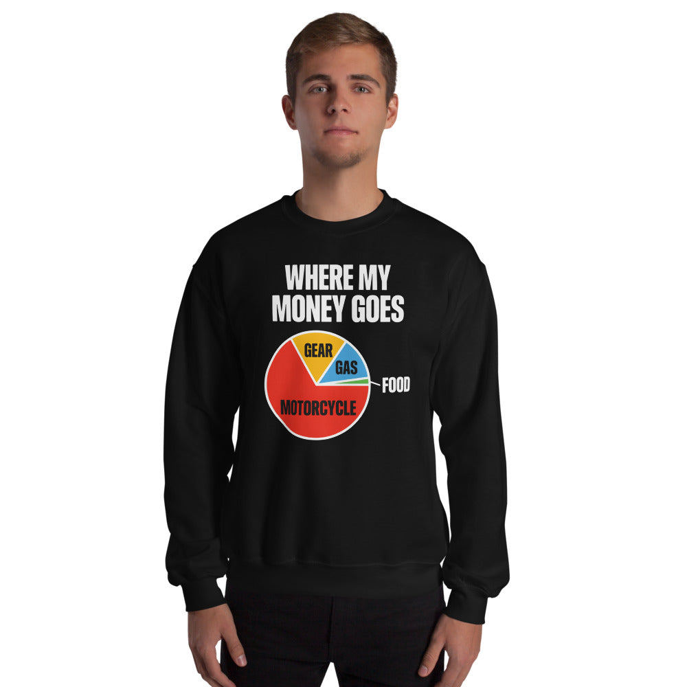 Where My Money Goes funny motorcycle crewneck sweatshirt — Black, on model