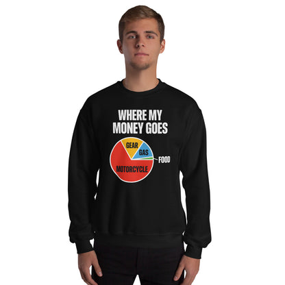 Where My Money Goes funny motorcycle crewneck sweatshirt — Black, on model