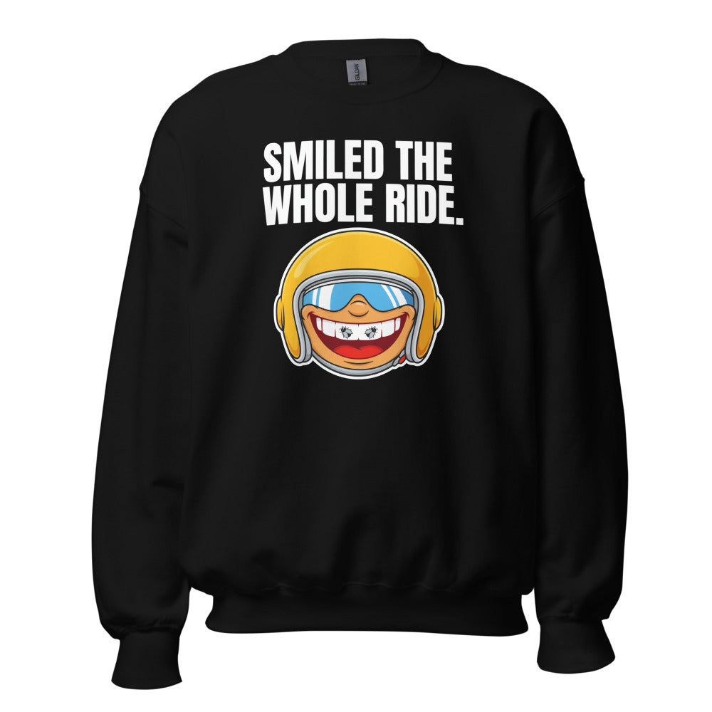 Smiled The Whole Ride funny motorcycle crewneck sweatshirt — Black, front