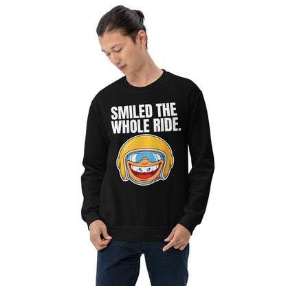 Smiled The Whole Ride funny motorcycle crewneck sweatshirt — Black, on model