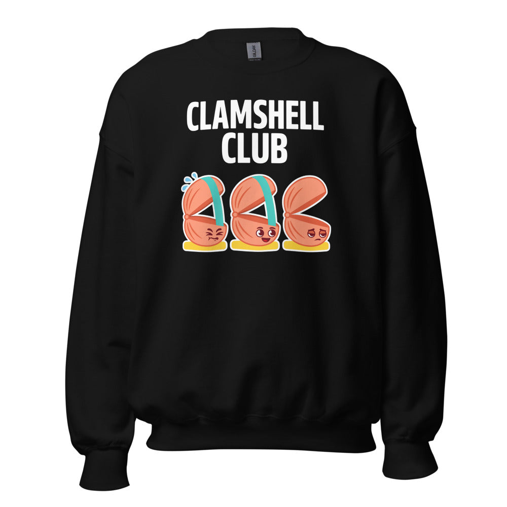 Clamshell Club funny physical therapy crewneck sweatshirt — Black, front