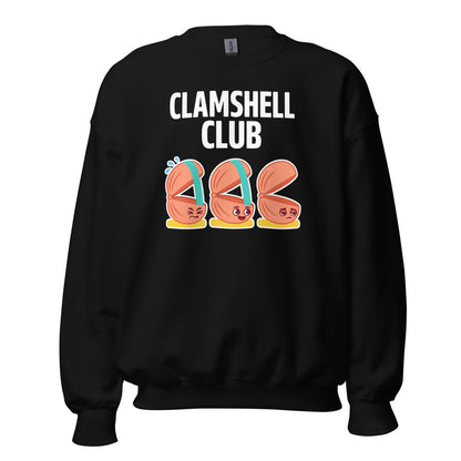 Clamshell Club funny physical therapy crewneck sweatshirt — Black, front
