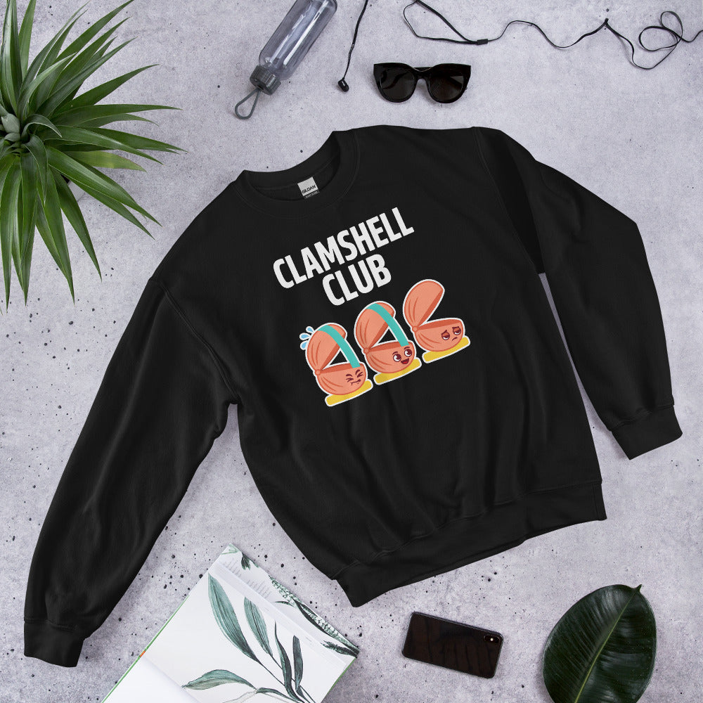 Clamshell Club funny physical therapy crewneck sweatshirt — Black, flat lay