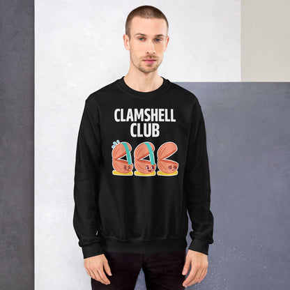 Clamshell Club funny physical therapy crewneck sweatshirt — Black, on model