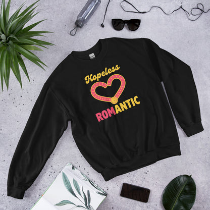 Hopeless ROMantic funny physical therapy crewneck sweatshirt — Black, flat lay