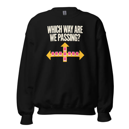 Which Way Are We Passing funny mahjong crewneck sweatshirt — Black, front