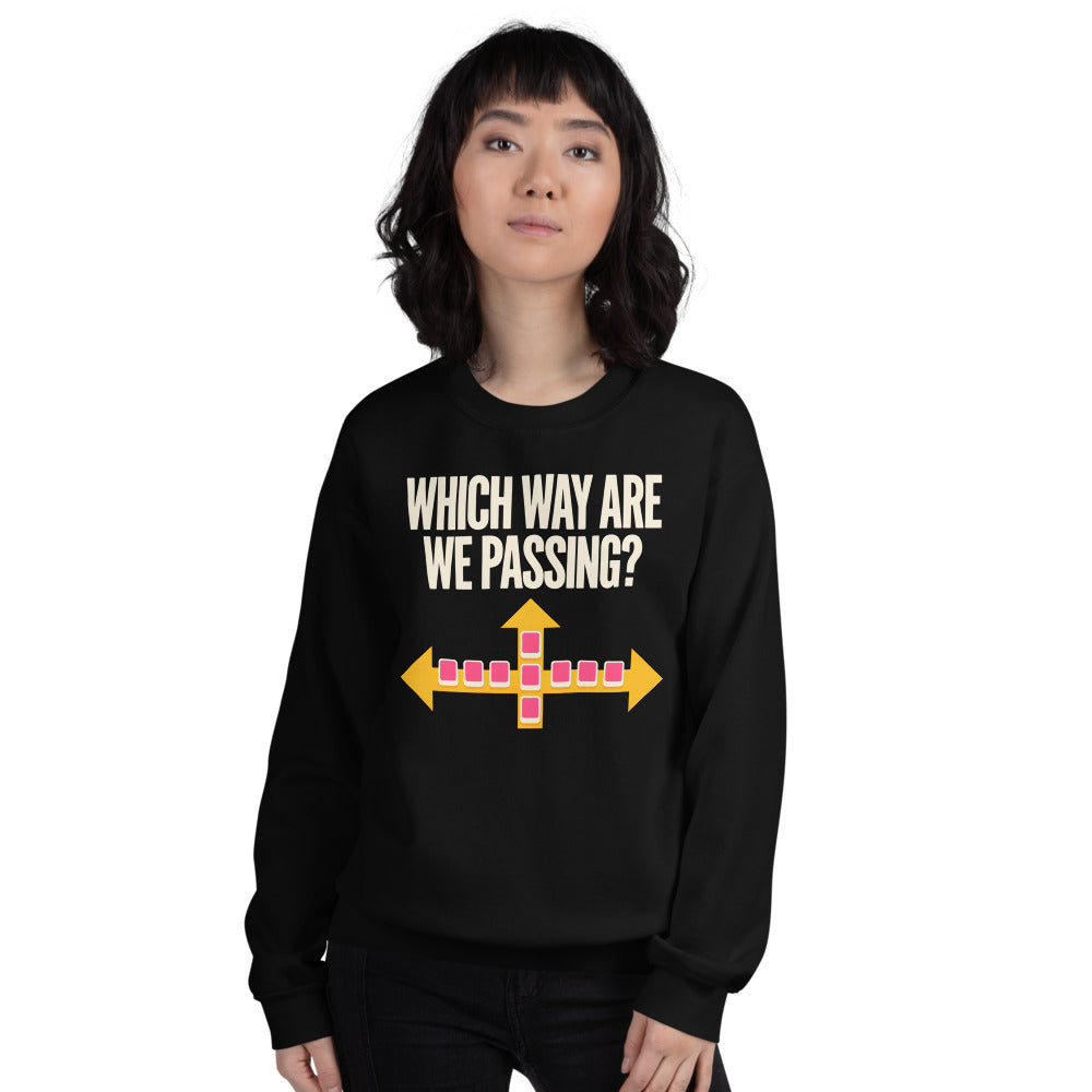 Which Way Are We Passing funny mahjong crewneck sweatshirt — Black, on model