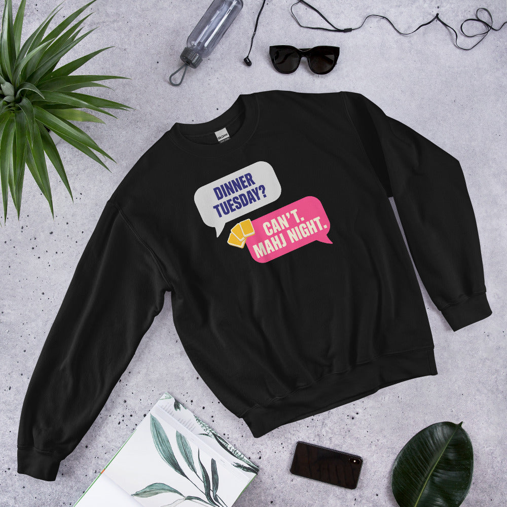 Mahj Night funny mahjong crewneck sweatshirt — Black, flat lay