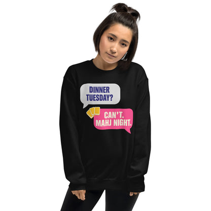 Mahj Night funny mahjong crewneck sweatshirt — Black, on model