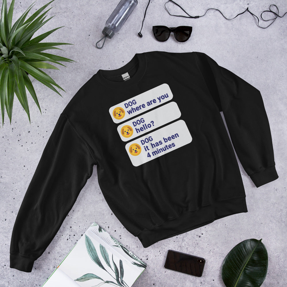 It Has Been 4 Minutes funny dog dad crewneck sweatshirt — Black, flat lay