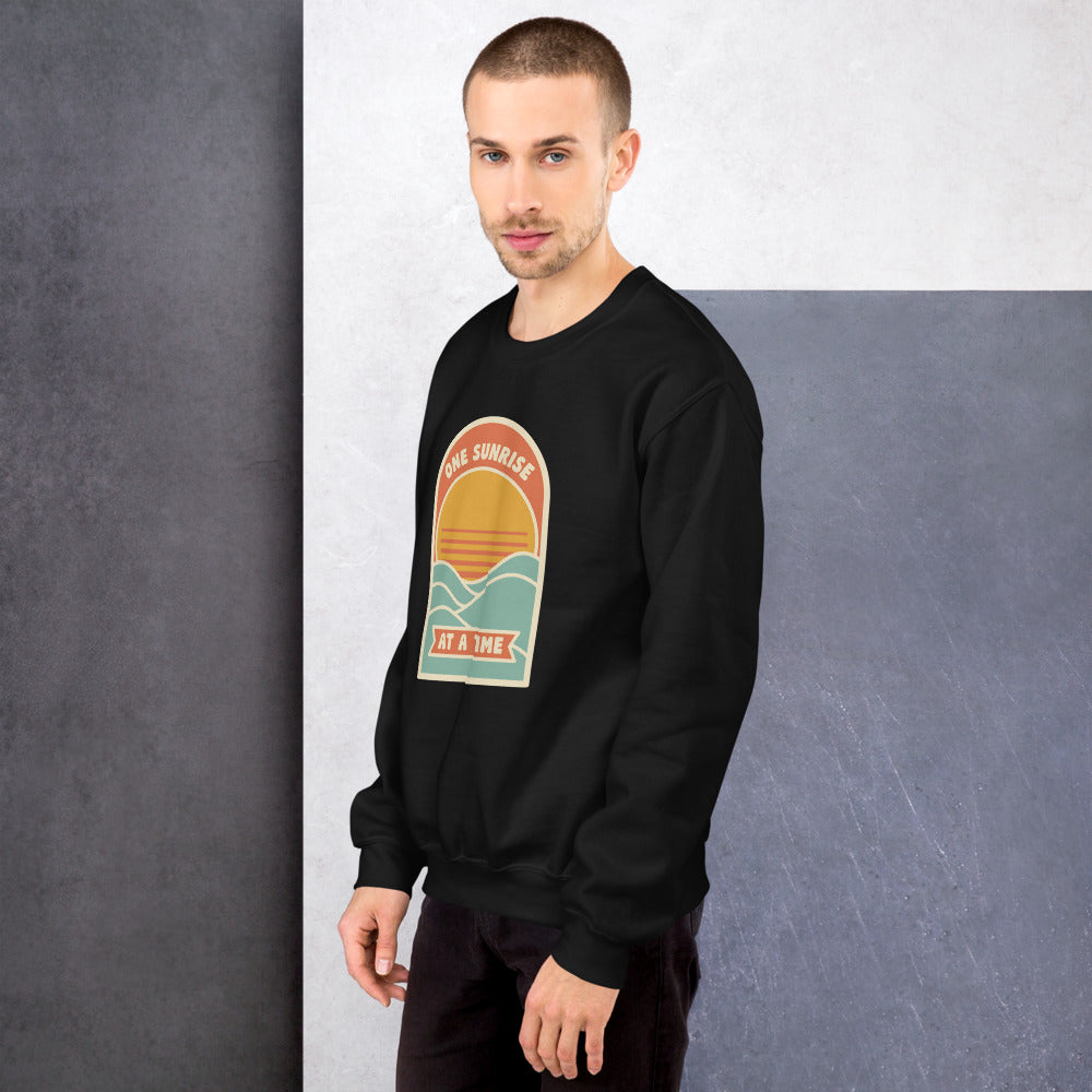 One Sunrise at a Time retro sunrise crewneck sweatshirt — Black, on model